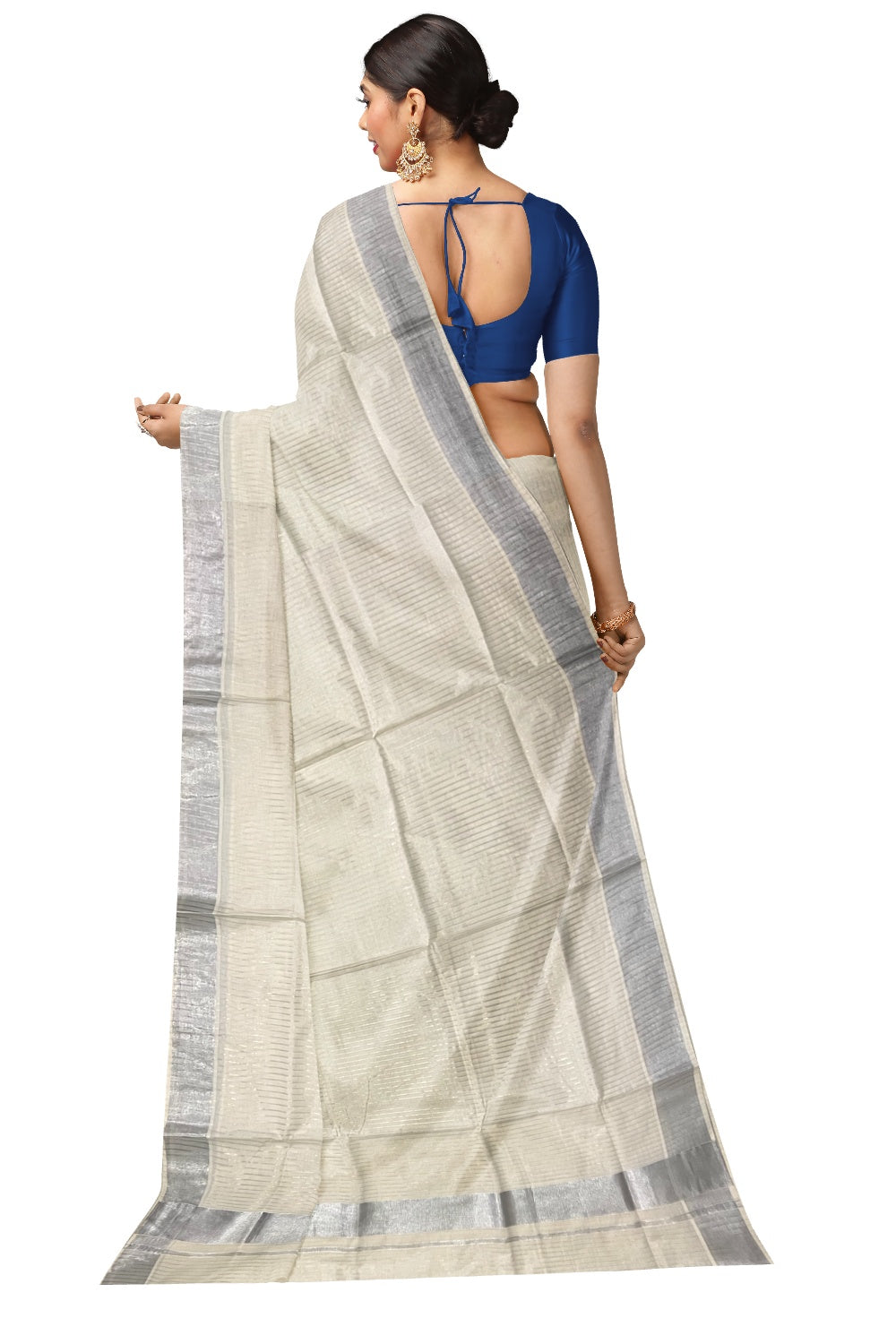Pure Cotton Kerala Saree with Silver Lines Design on Body and Silver Border