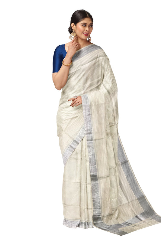 Pure Cotton Kerala Saree with Silver Lines Design on Body and Silver Border