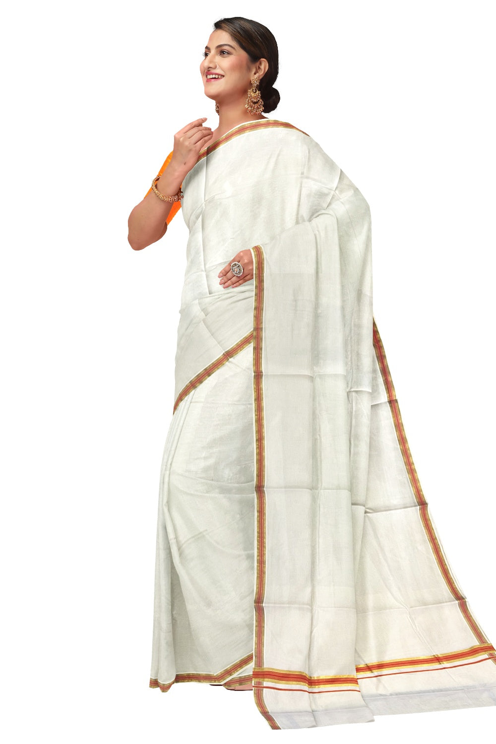 Pure Cotton Kerala Saree with Kasavu and Orange Border