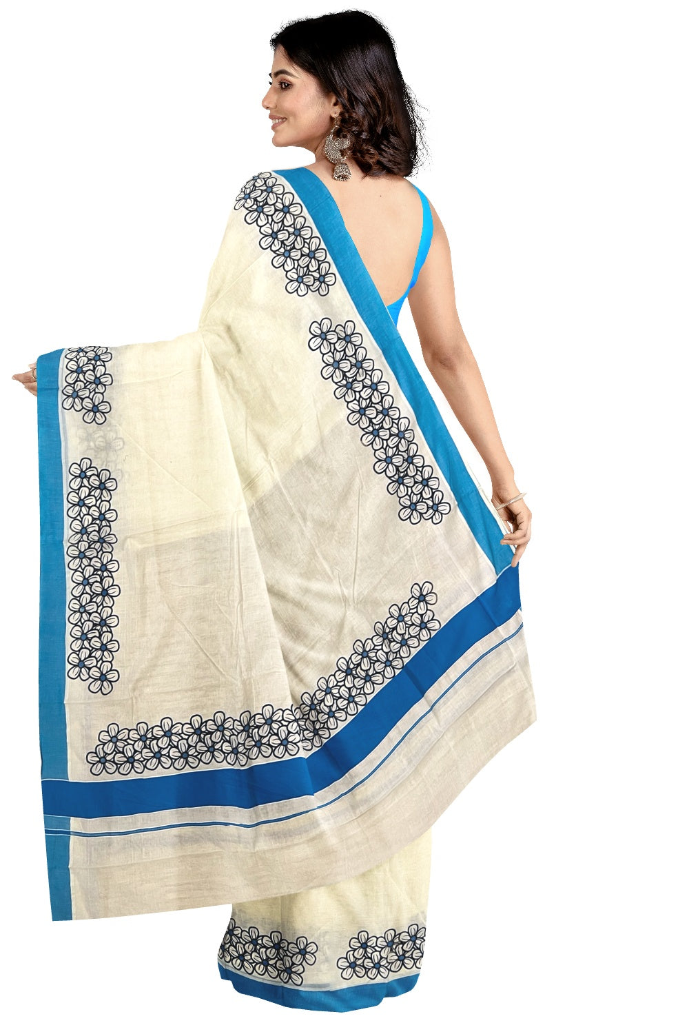 Southloom Kerala Saree with Black Floral Block Prints and Blue Border