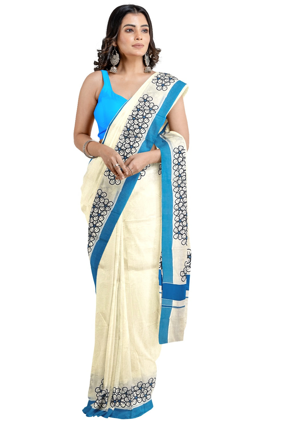 Southloom Kerala Saree with Black Floral Block Prints and Blue Border