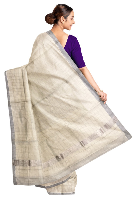Pure Cotton Off White Kerala SIlver Kasavu Woven Check Saree
