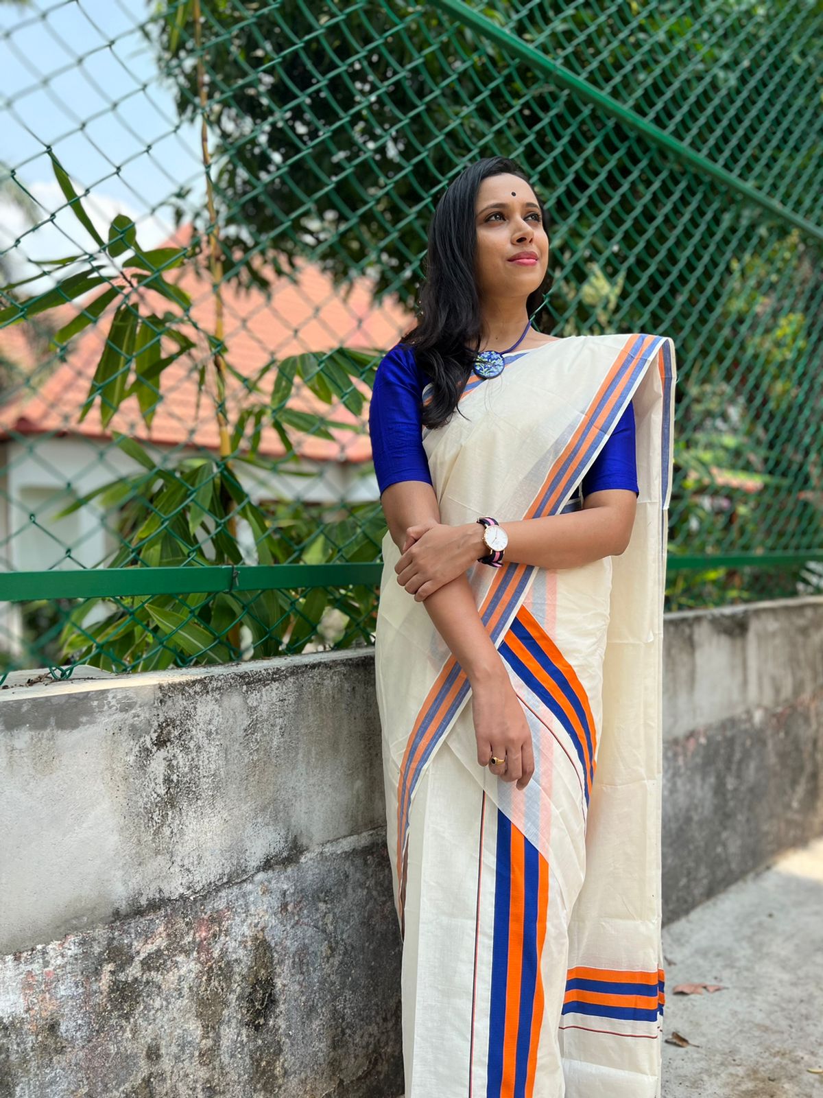 Kerala Cotton  Mundum Neriyathum Single (Set Mundu) with Blue and Orange Border