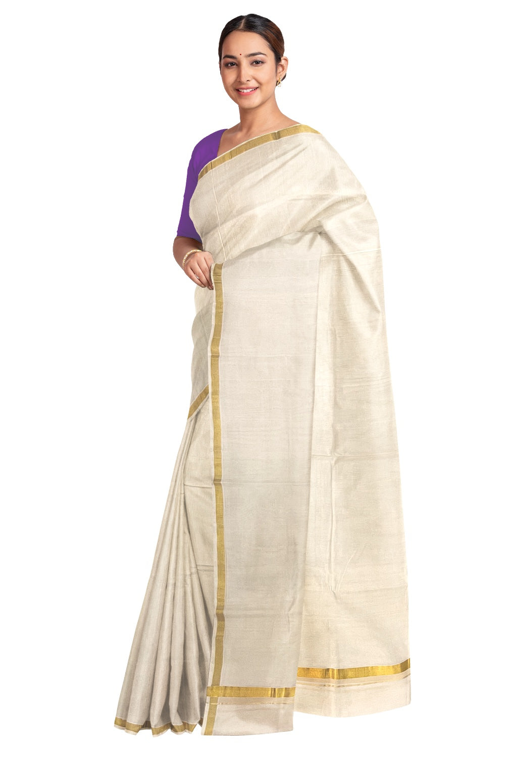 Southloom™ Premium Handloom Plain 1 Inch Kasavu Saree
