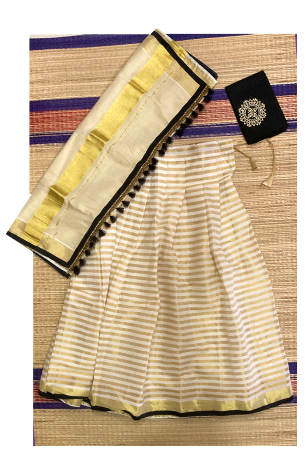 Semi Stitched Dhavani Set with Kasavu Lines works on Pavada and ...