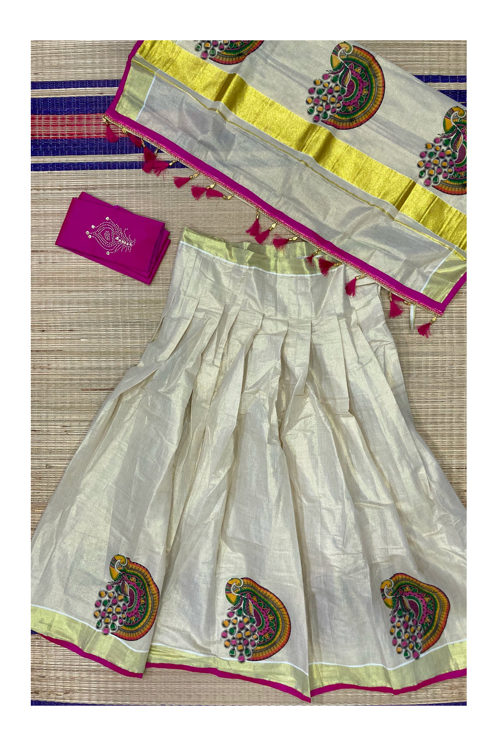 Kerala Tissue Semi Stitched Dhavani Set with Blouse Piece and ...