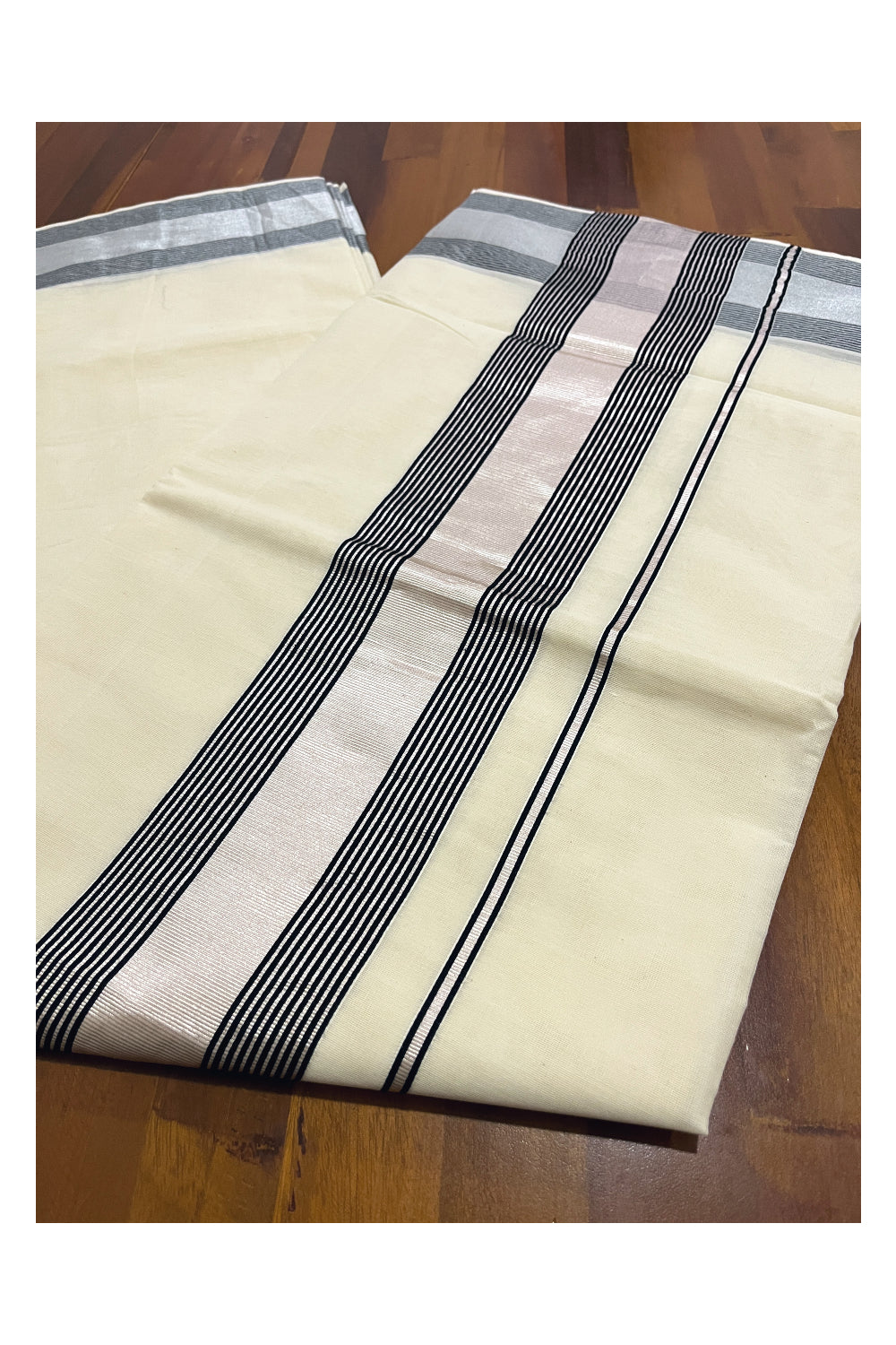 Pure Cotton Kerala Saree with Silver Kasavu and Black Line Border