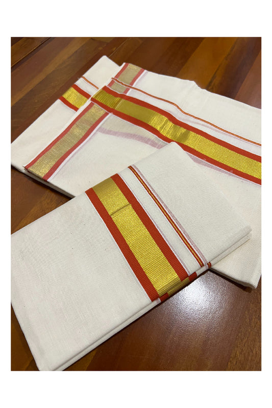 Kerala Cotton Mundum Neriyathum Single (Set Mundu) with Orange and Kasavu Border 2.80 Mtrs
