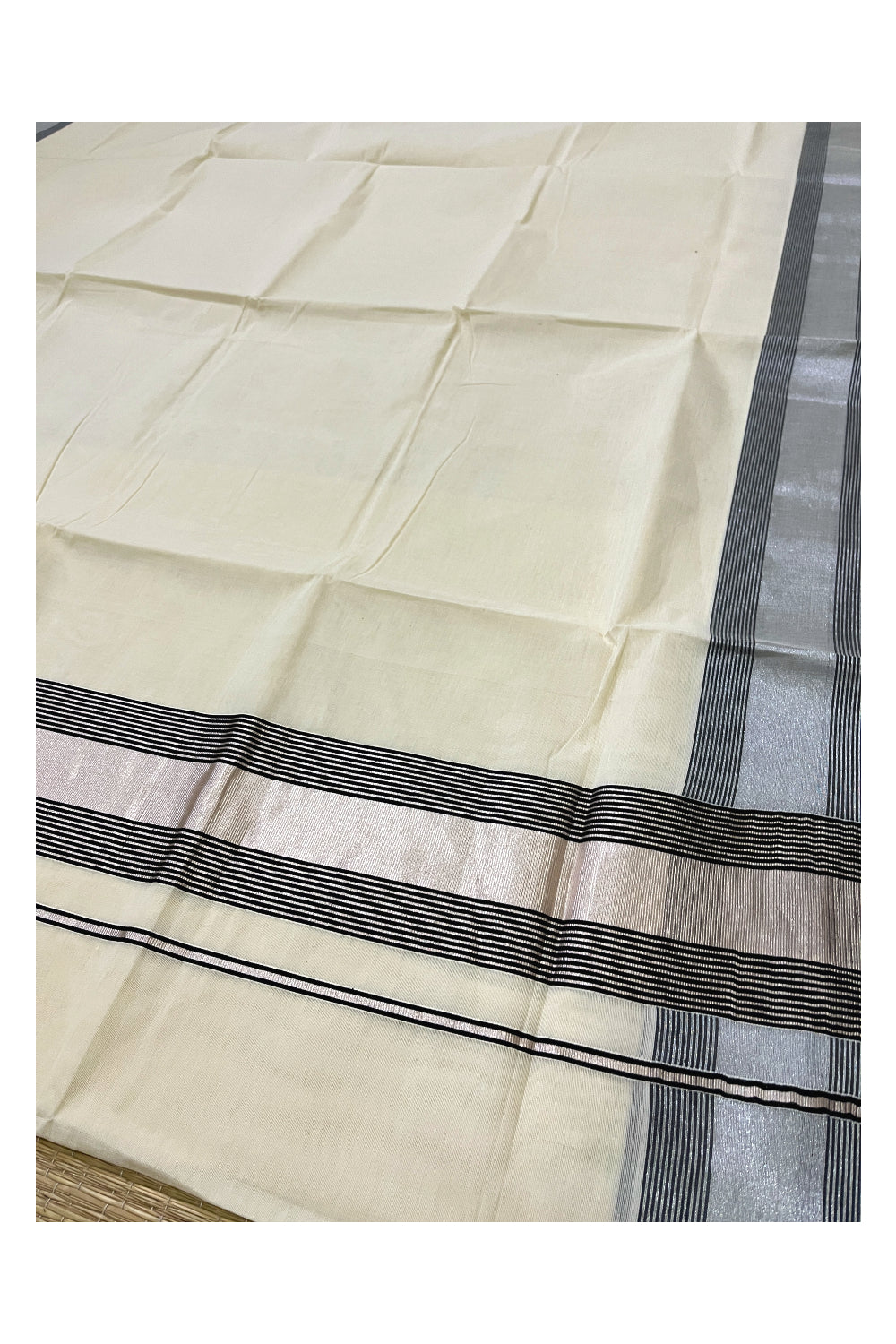 Pure Cotton Kerala Saree with Silver Kasavu and Black Line Border