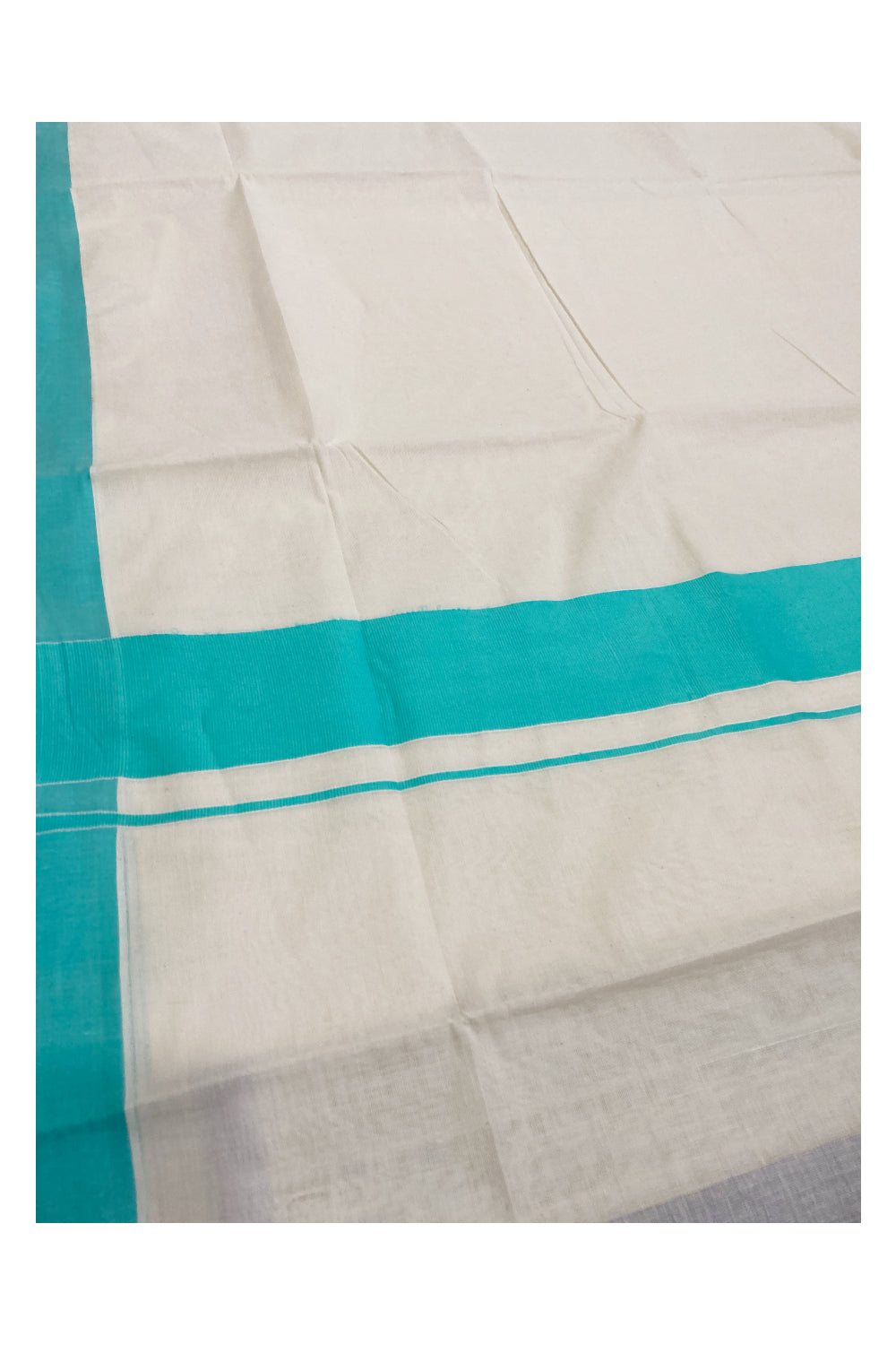 Pure Cotton Kerala Saree with Turquoise Plain Border