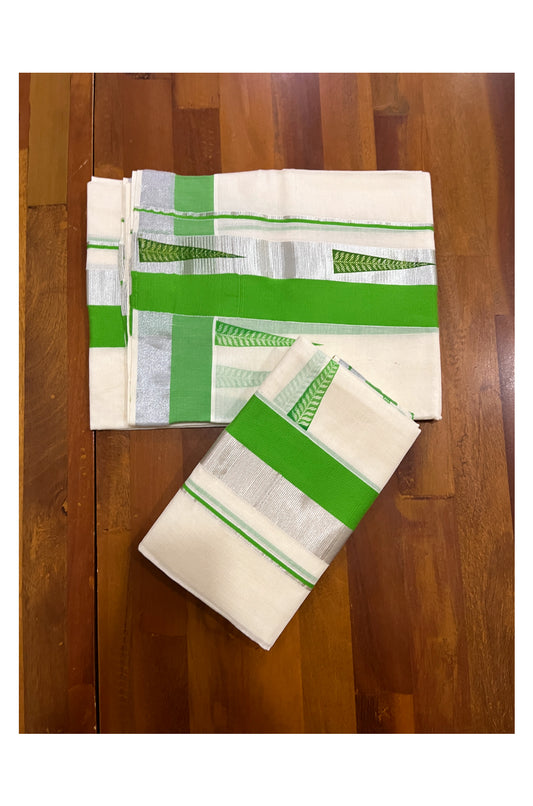 Pure Cotton SIlver Kasavu Single Set Mundu (Mundum Neriyathum) with Green Block Prints 2.80 Mtrs