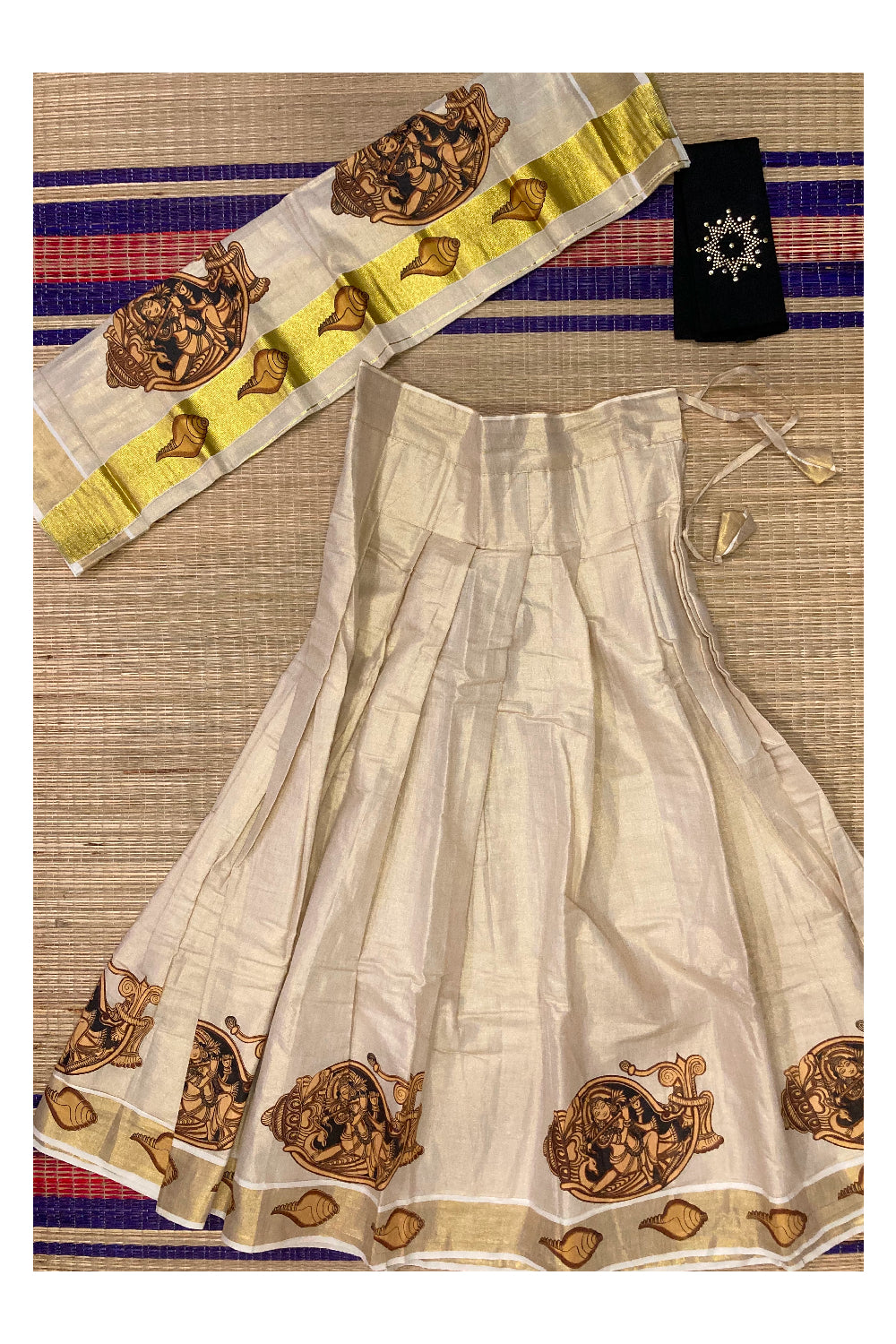 Kerala Tissue Semi Stitched Dhavani Set with Black Blouse Piece ...