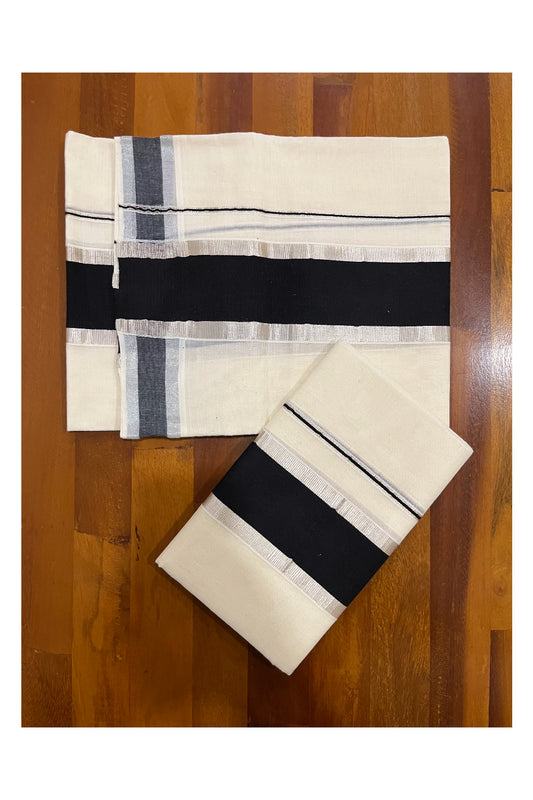 Kerala Cotton Mundum Neriyathum Single (Set Mundu) with Silver Kasavu and Black Border 2.80 Mtrs SLKK SL498