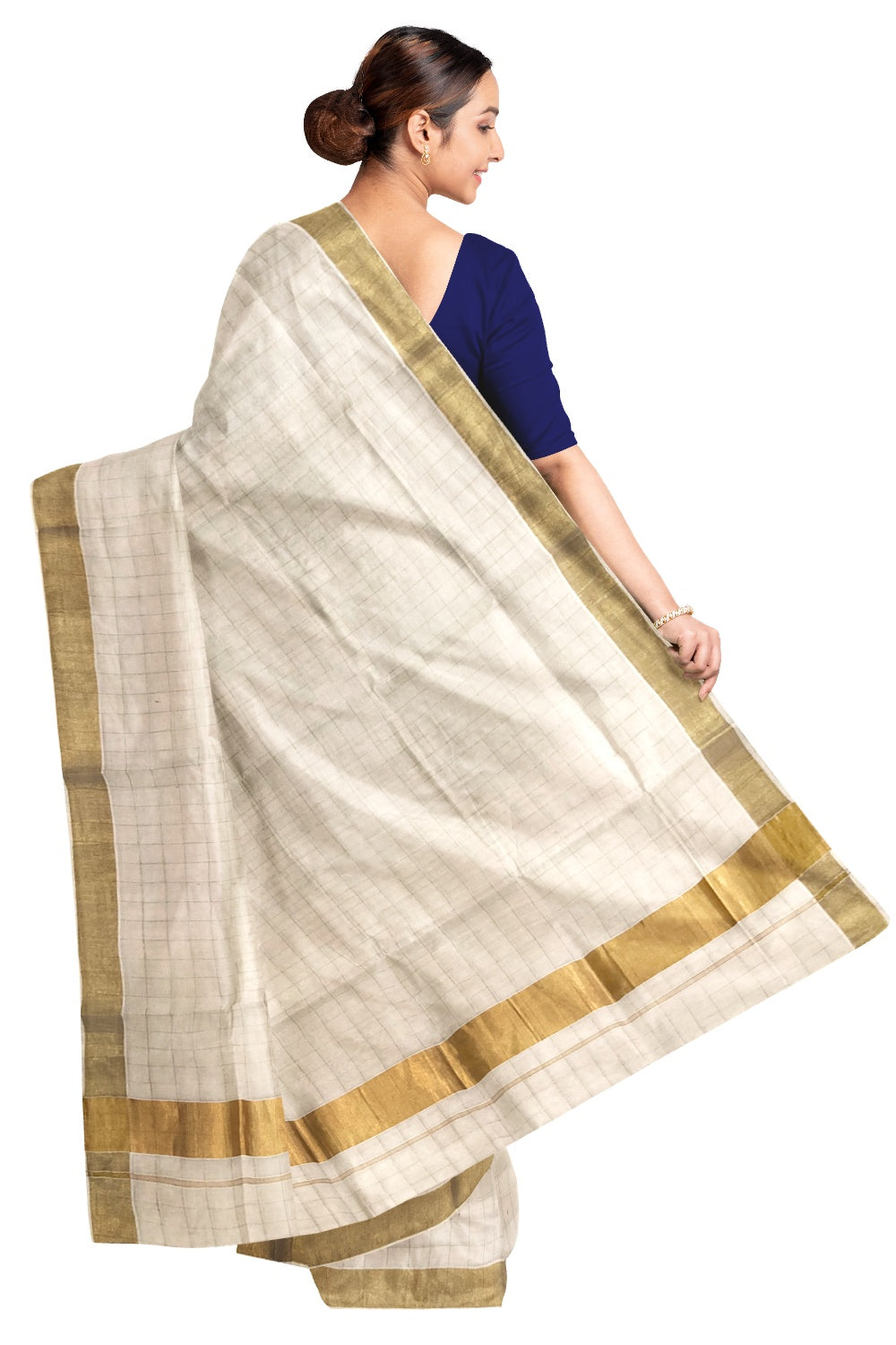 Pure Cotton Kerala Kasavu Check Design Saree with 3x2 inch Border