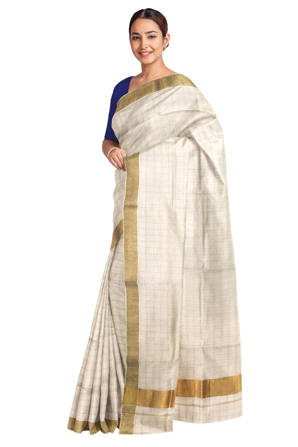 Pure Cotton Kerala Kasavu Check Design Saree with 3x2 inch Border