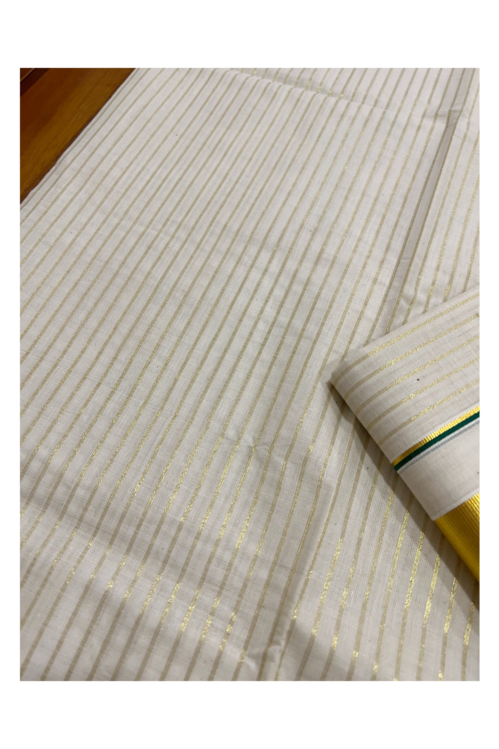 Kerala Cotton Set Mundu (Mundum Neriyathum) with Kasavu Stripes on Body and Green Border 2.80 Mtrs