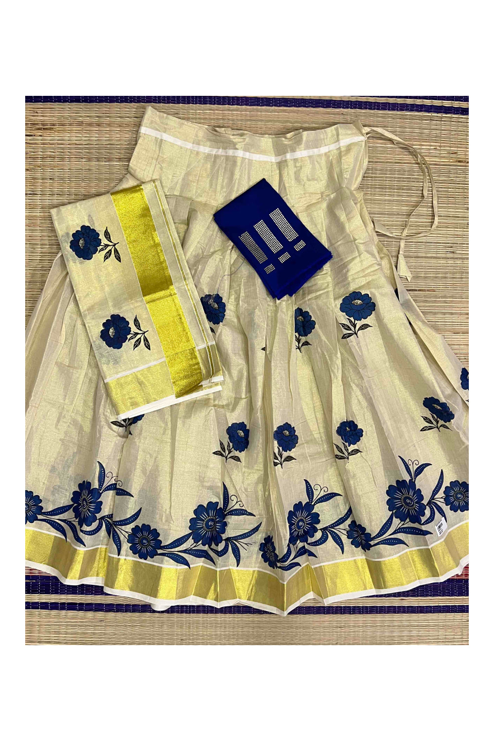 Kerala Tissue Stitched Dhavani Set with Blouse Piece and Neriyathu ...