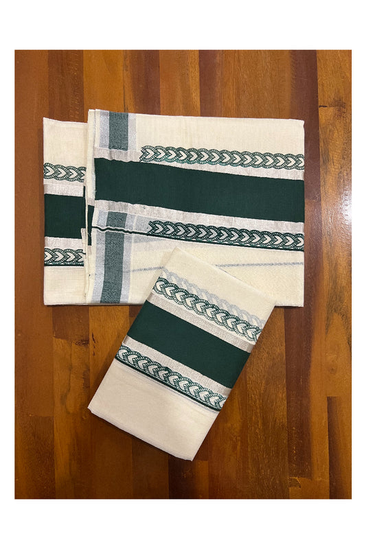 Mundum Neriyathum Single (Set Mundu) with Block Prints on Silver Kasavu and Dark Green Border
