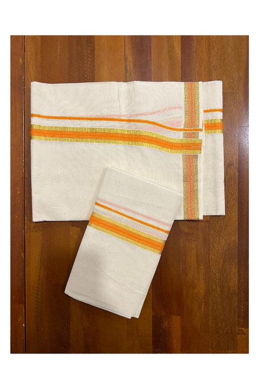 Kerala Cotton Mundum Neriyathum Single (Set Mundu) with Kasavu and Light Orange Border 2.80 Mtrs