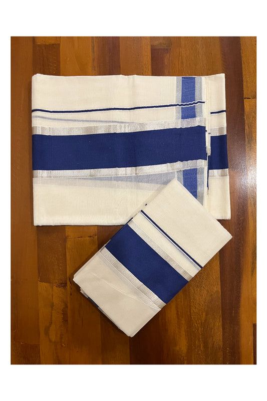Kerala Cotton Mundum Neriyathum Single (Set Mundu) with Silver Kasavu and Blue Border 2.80 Mtrs SLKK SL498