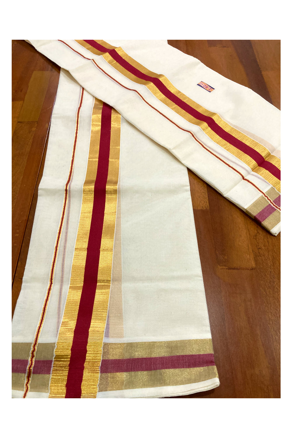 Southloom Kerala Cotton Mundum Neriyathum Single (Set Mundu) with Red and Kasavu Border 2.80 Mtrs SLKK
