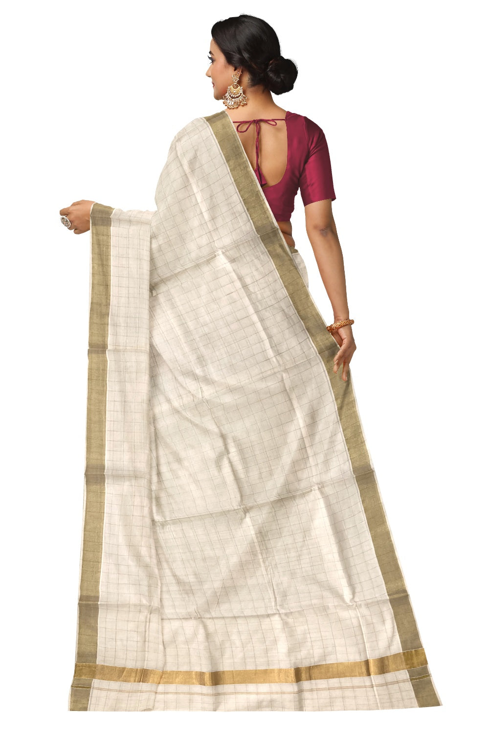 Pure Cotton Kerala Kasavu Check Design Saree with 2x2 inch Border