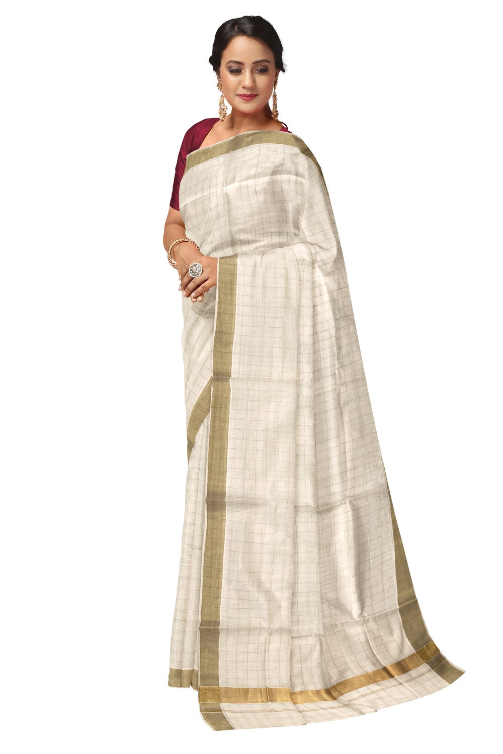 Pure Cotton Kerala Kasavu Check Design Saree with 2x2 inch Border