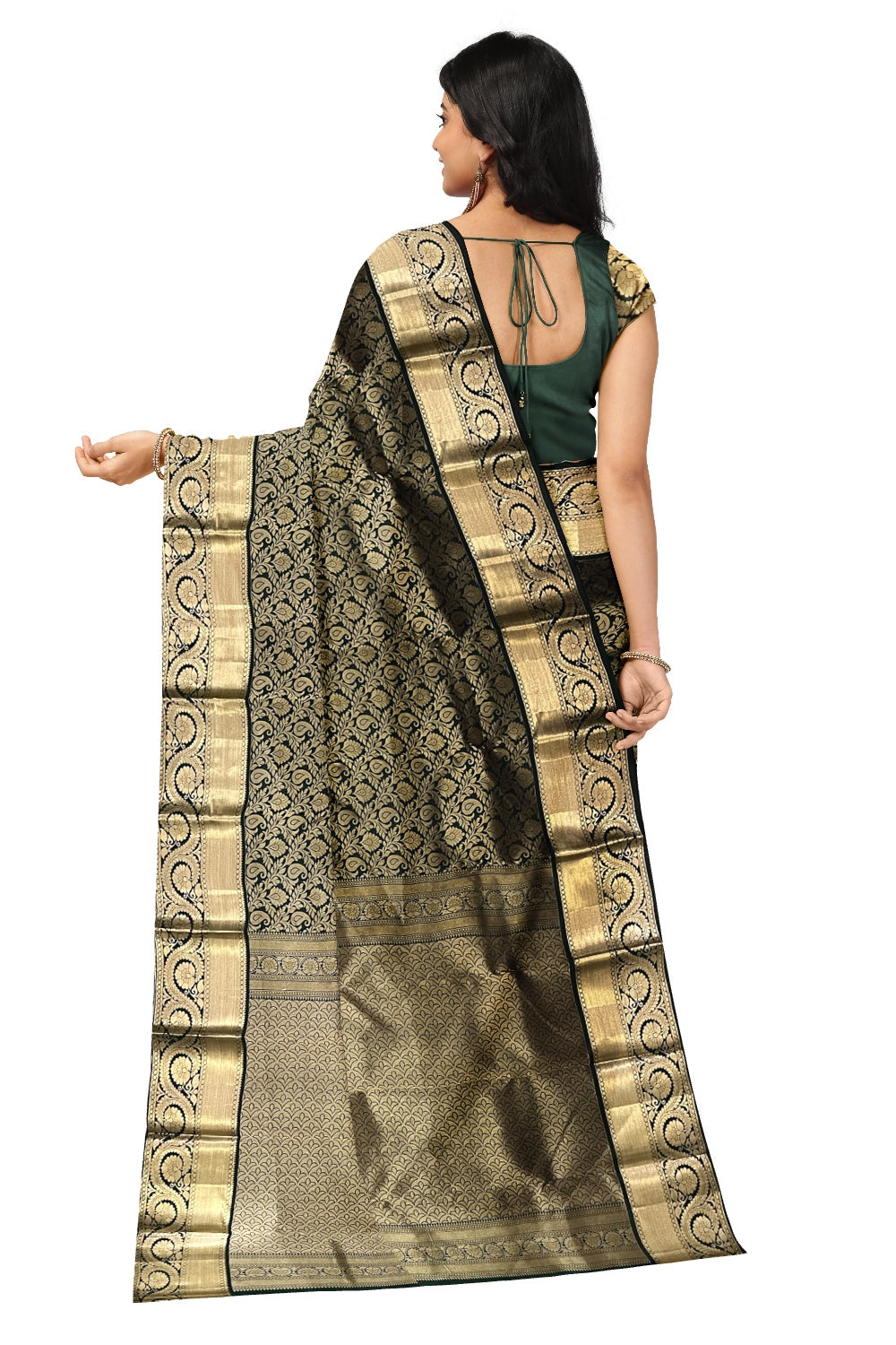 Southloom Double Warp Handloom Pure Silk Kanchipuram Dark Green Manthrakodi Saree with Kasavu Woven Works