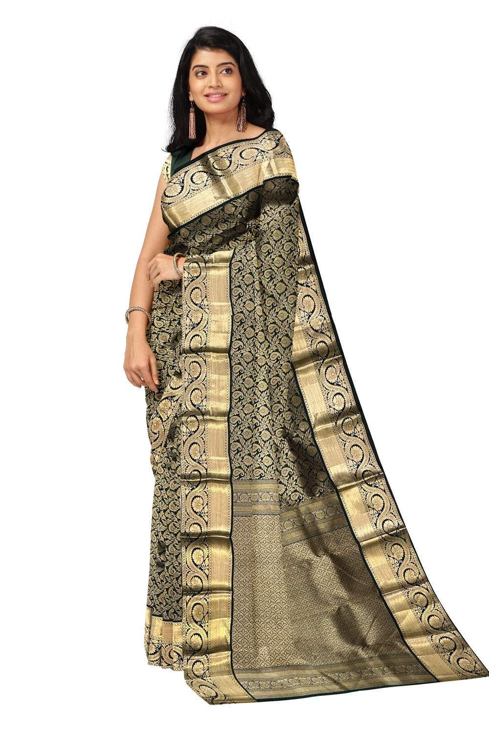 Southloom Double Warp Handloom Pure Silk Kanchipuram Dark Green Manthrakodi Saree with Kasavu Woven Works