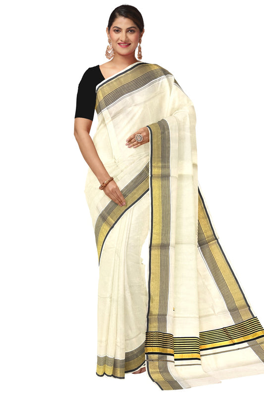 Pure Cotton Kerala Saree with Kasavu and Black Line Border