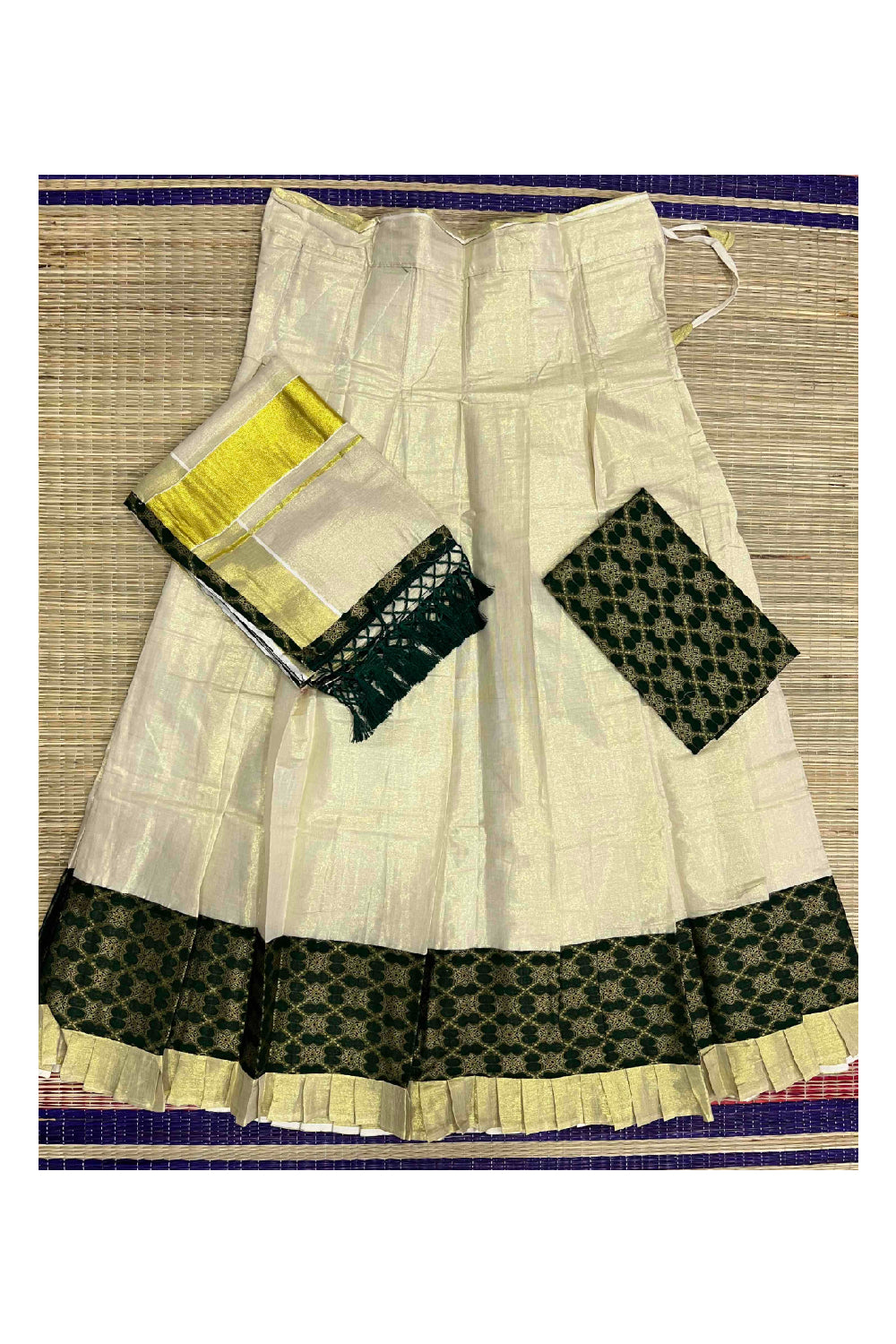 Kerala Tissue Stitched Dhavani Set with Blouse Piece and Neriyathu ...