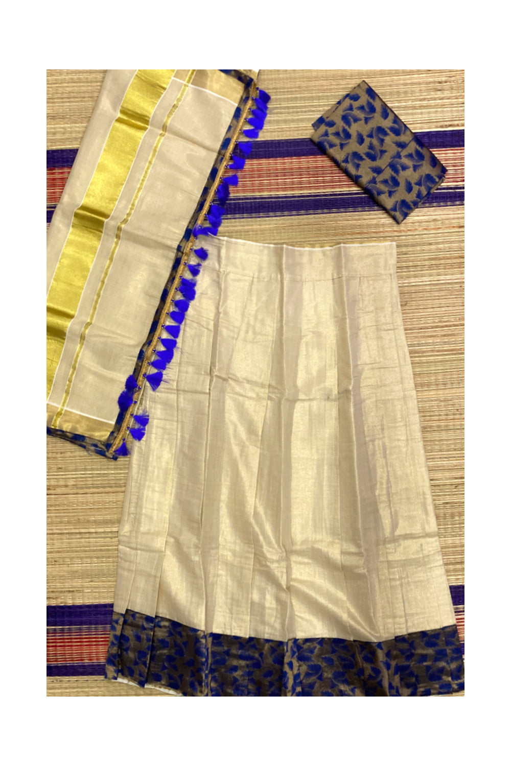 Kerala Tissue Semi Stitched Dhavani Set with Dark Blue Designer ...