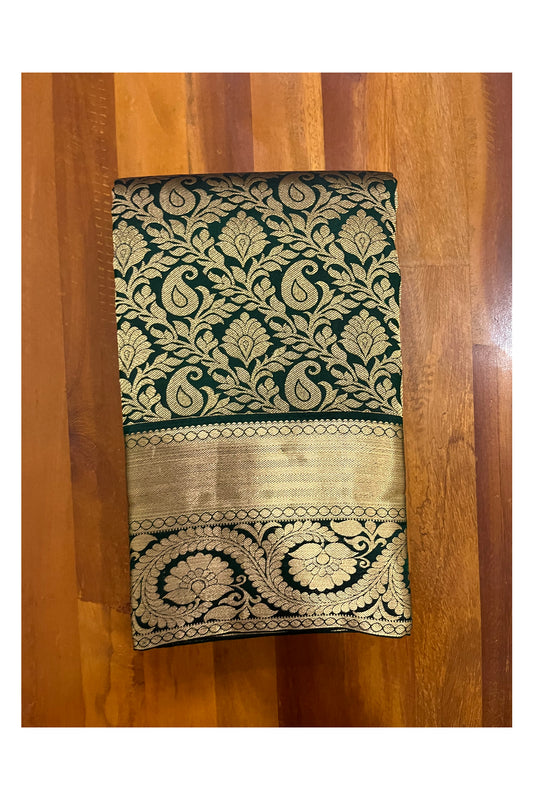 Southloom Double Warp Handloom Pure Silk Kanchipuram Dark Green Manthrakodi Saree with Kasavu Woven Works
