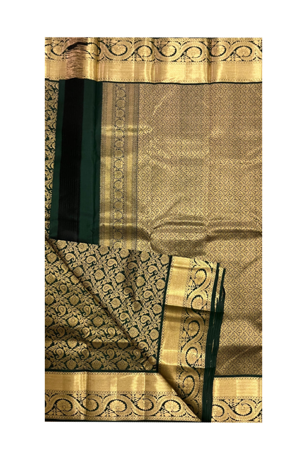Southloom Double Warp Handloom Pure Silk Kanchipuram Dark Green Manthrakodi Saree with Kasavu Woven Works