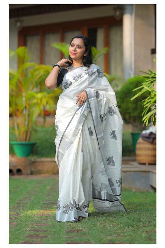 Southloom Silver Check Saree with Black Border and Elephant Block Prints