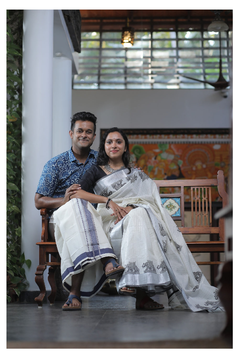 Southloom Silver Check Saree with Black Border and Elephant Block Prints