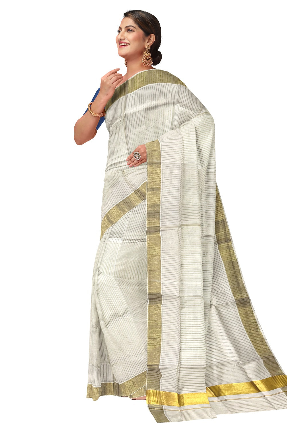 Southloom Pure Cotton Kerala Kasavu Lines Saree with 3 inch Border