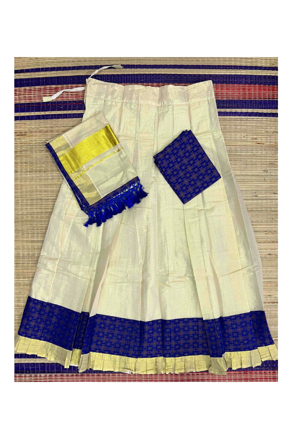Kerala Tissue Stitched Dhavani Set with Blouse Piece and Neriyathu ...