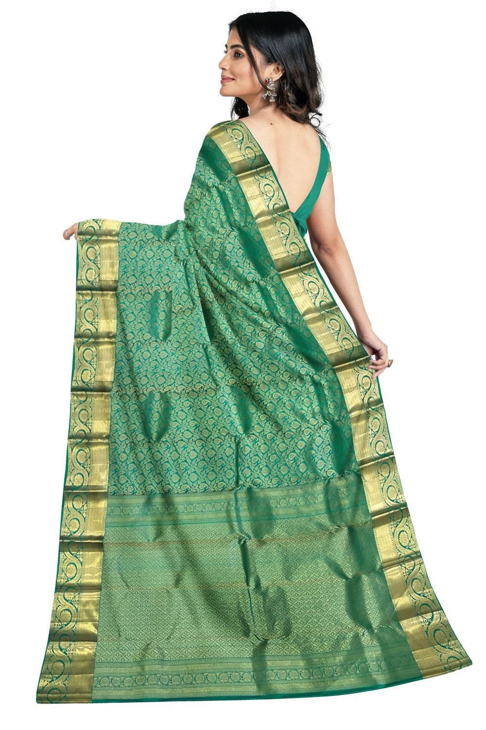 Southloom Double Warp Handloom Pure Silk Kanchipuram Green Manthrakodi Saree with Kasavu Woven Works