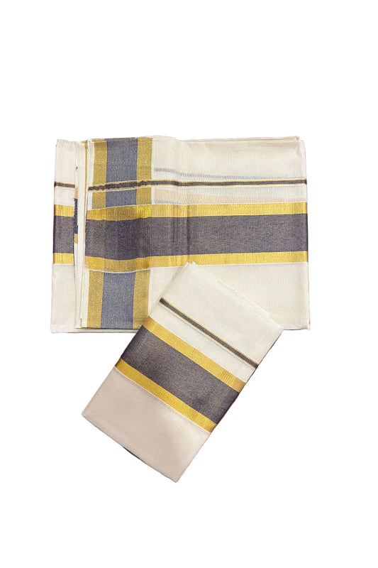 Southloom Kerala Cotton Mundum Neriyathum Single (Set Mundu) with Blue and Kasavu Border 2.80 Mtrs