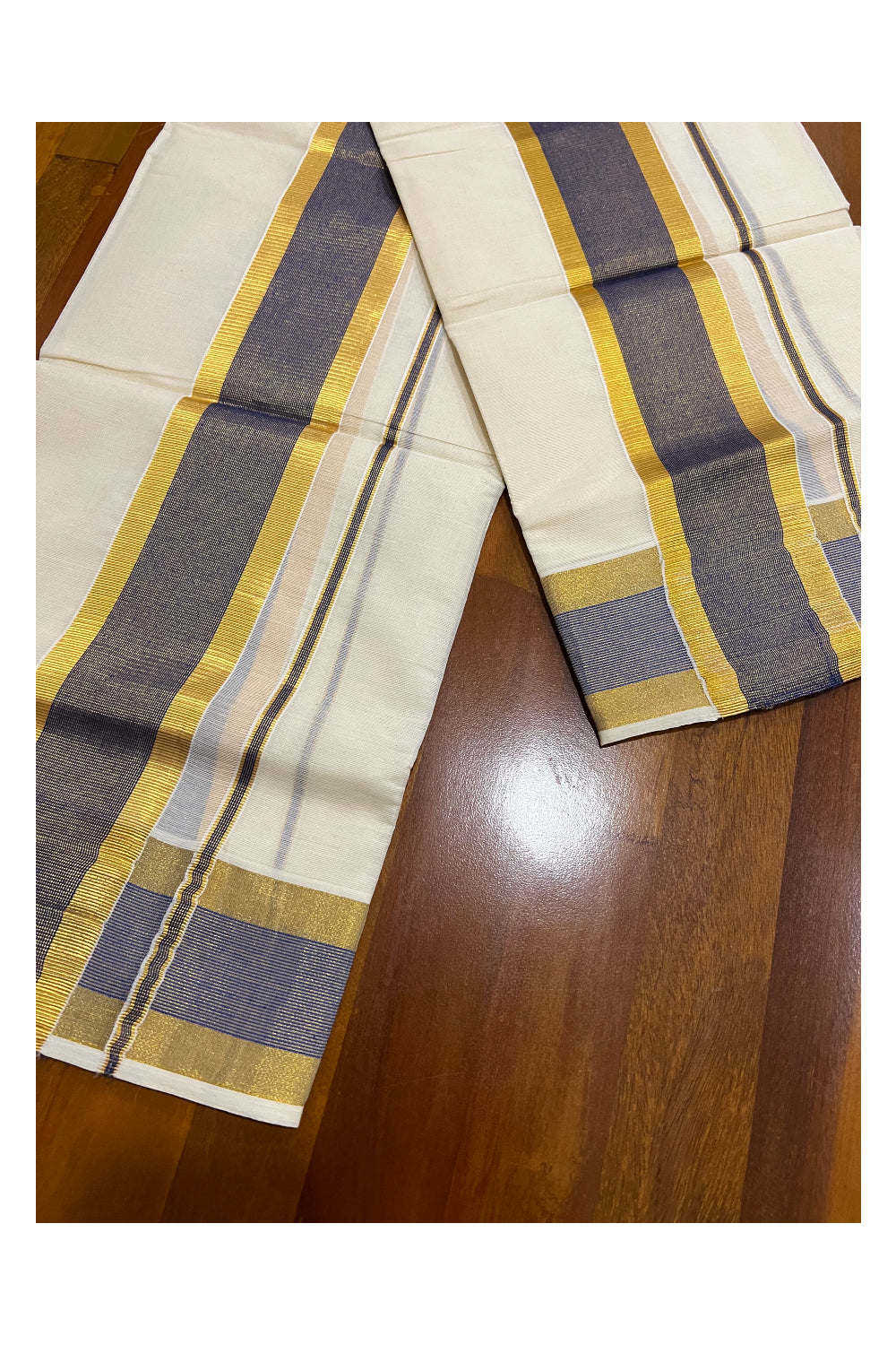 Kerala Cotton Mundum Neriyathum Single (Set Mundu) with Blue and Kasavu Border 2.80 Mtrs