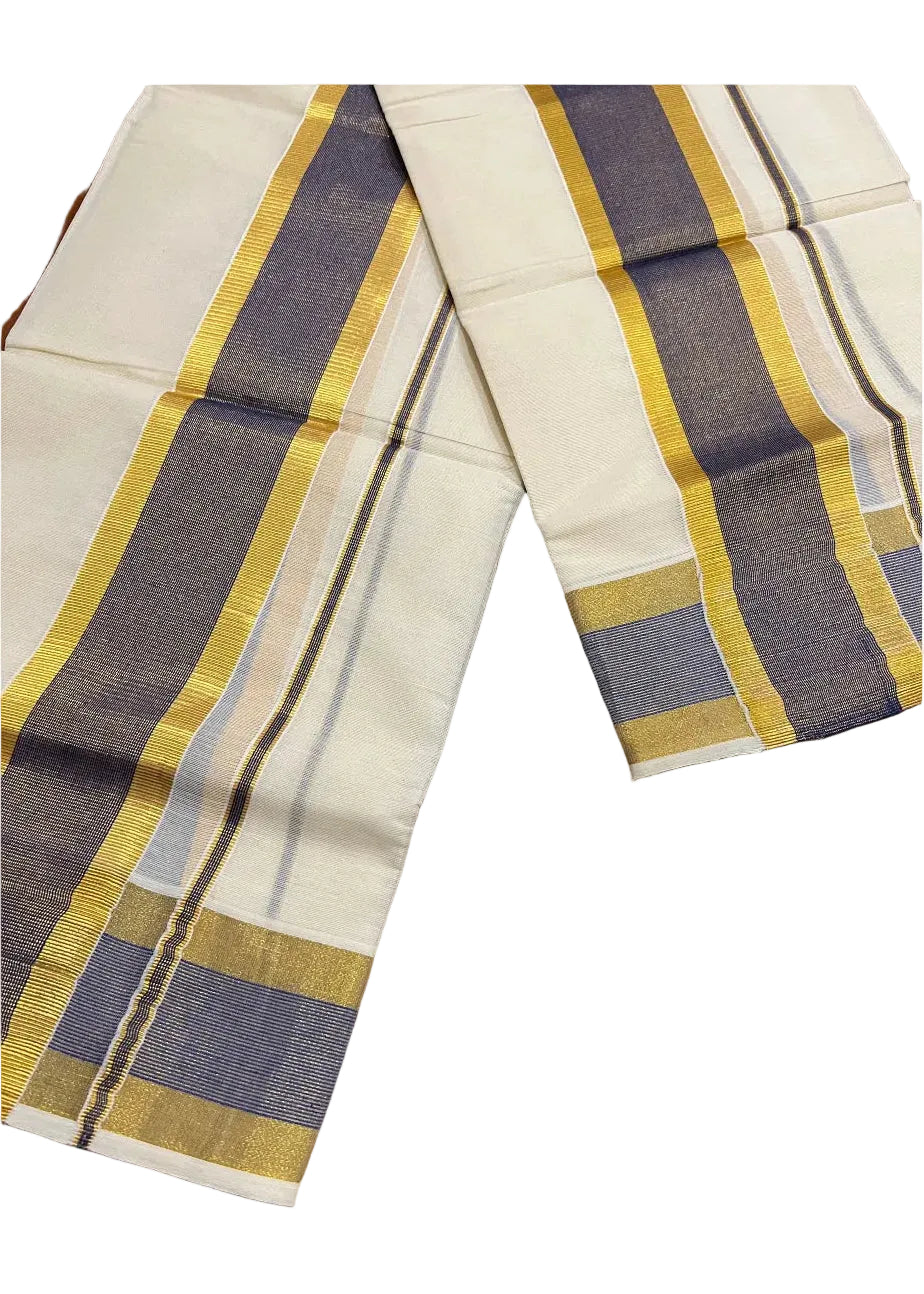 Southloom Kerala Cotton Mundum Neriyathum Single (Set Mundu) with Blue and Kasavu Border 2.80 Mtrs