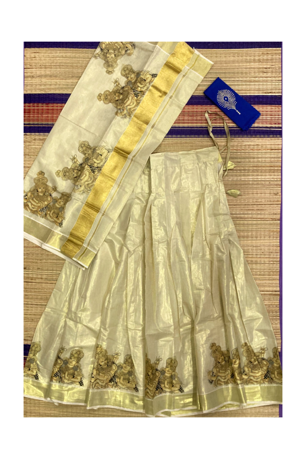 Kerala Tissue Semi Stitched Dhavani Set with Krishna Radha Mural ...