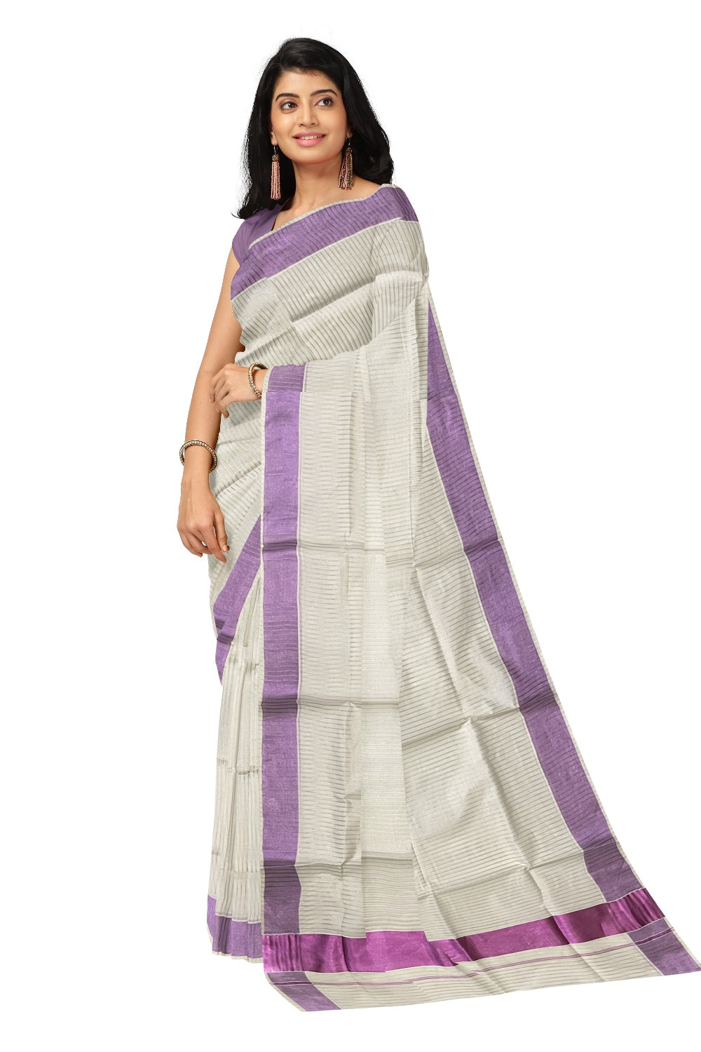 Kerala Pure Cotton Pink Kasavu Lines Saree with 3 inch Border