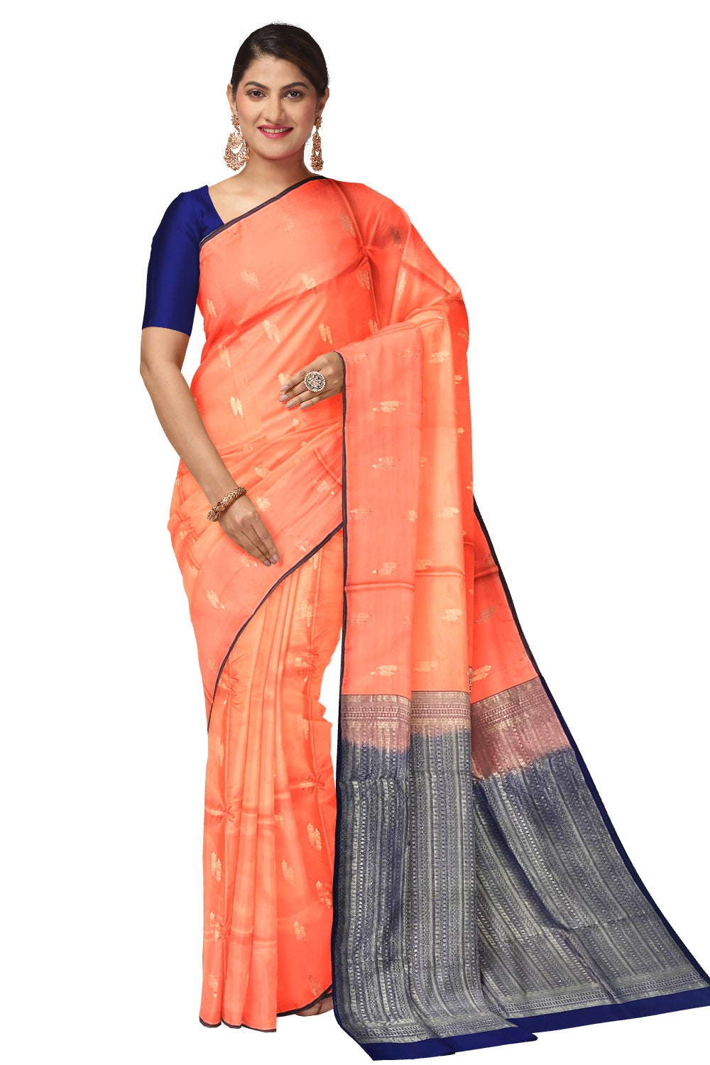 Peach colour saree shop with navy blue blouse