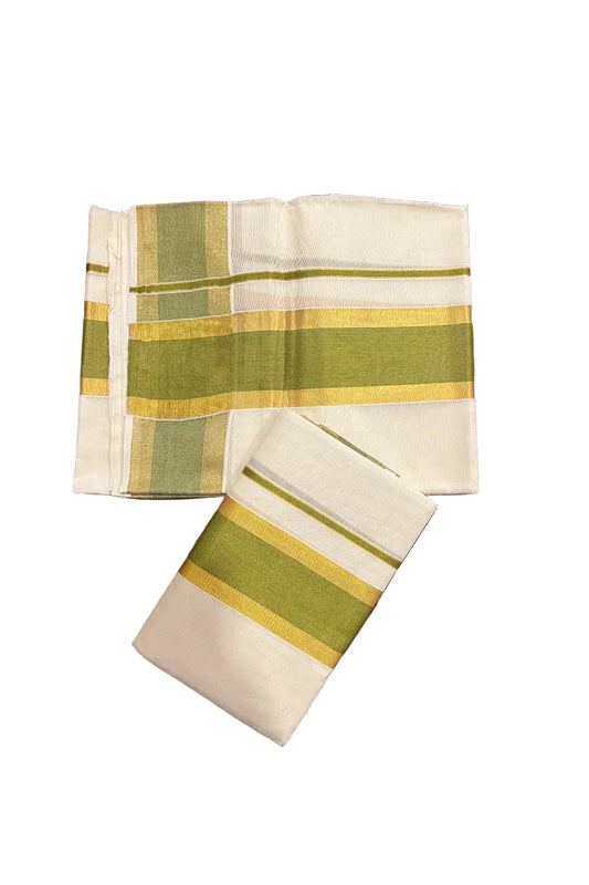 Southloom Kerala Cotton Mundum Neriyathum Single (Set Mundu) with Olive Green and Kasavu Border 2.80 Mtrs