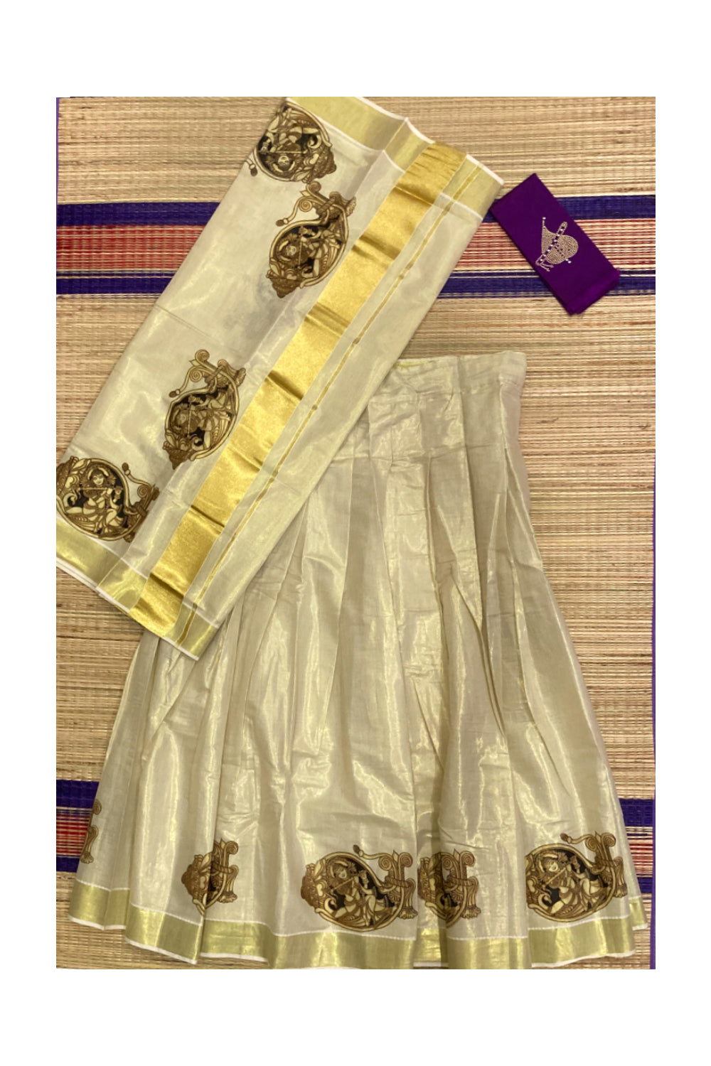 Kerala Tissue Semi Stitched Dhavani Set with Krishna on Shell ...