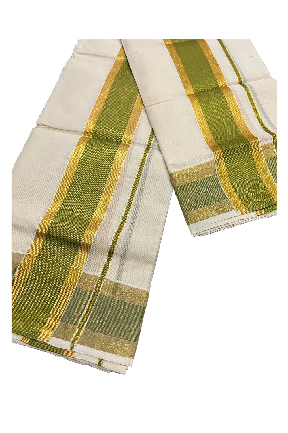 Southloom Kerala Cotton Mundum Neriyathum Single (Set Mundu) with Olive Green and Kasavu Border 2.80 Mtrs
