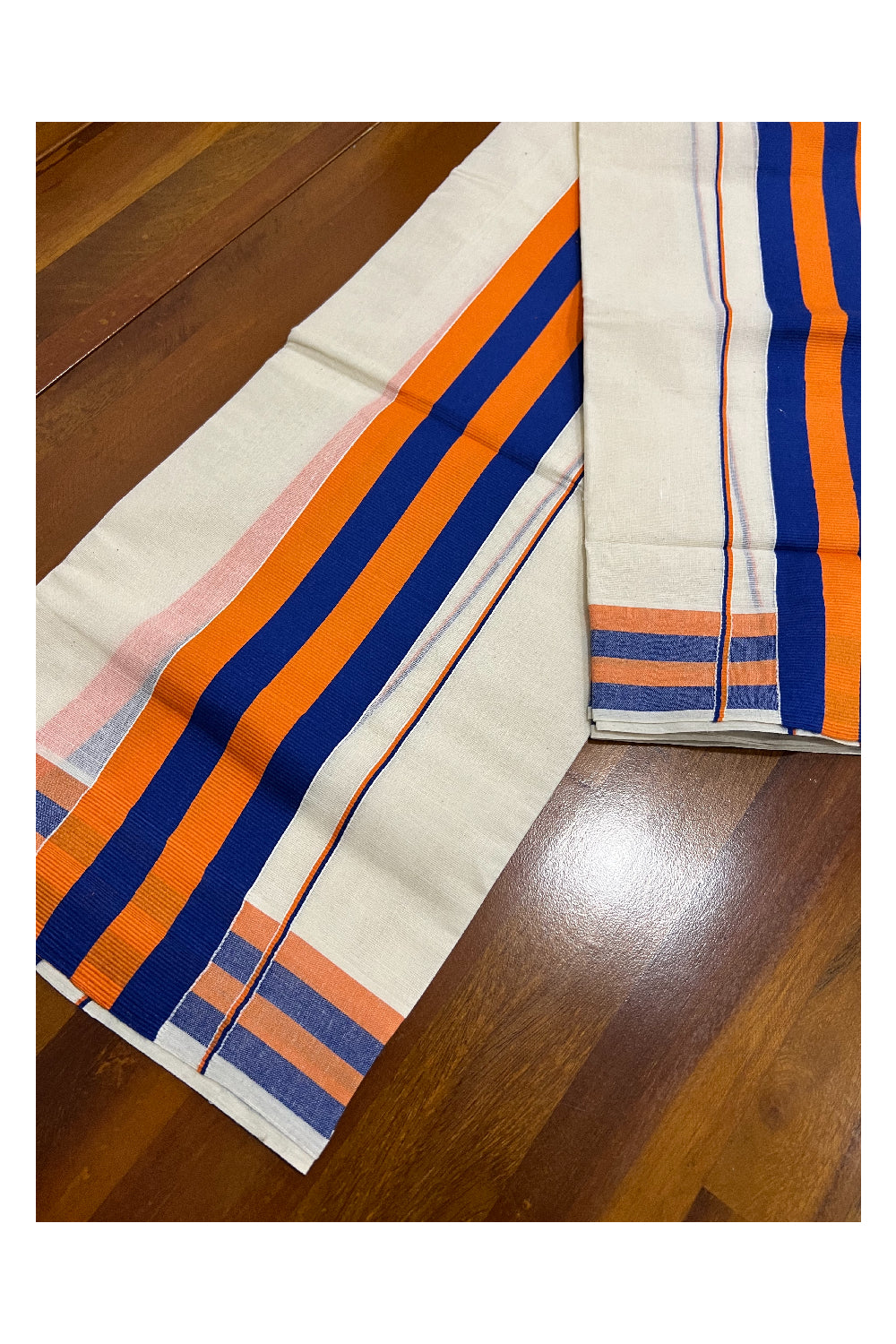 Kerala Cotton  Mundum Neriyathum Single (Set Mundu) with Blue and Orange Border