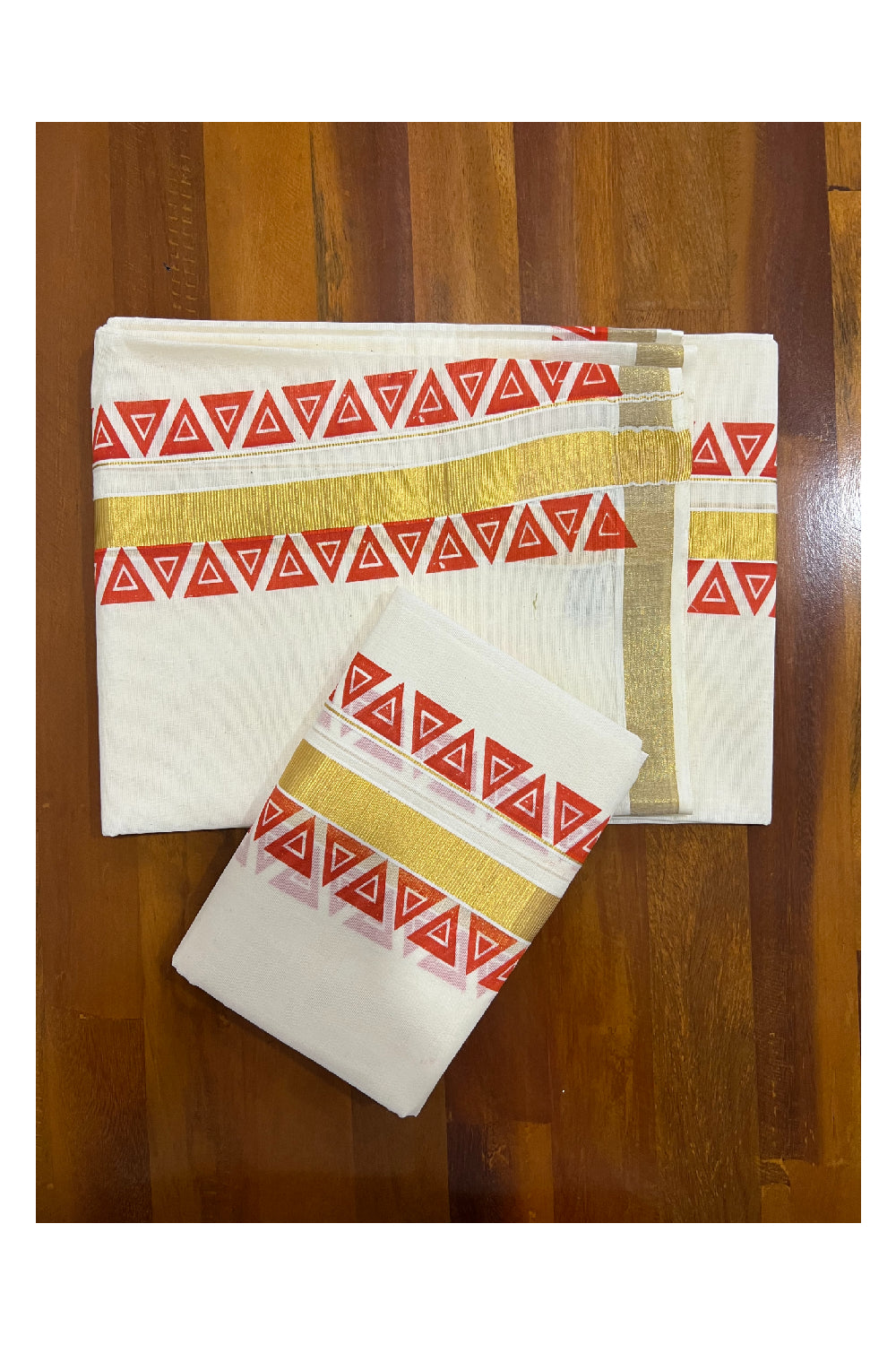 Kerala Cotton Kasavu Set Mundu (Mundum Neriyathum) with Red Block Prints on Border